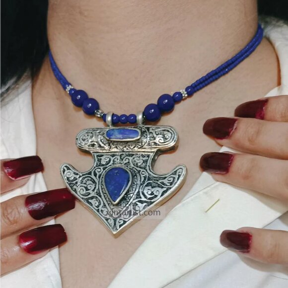 Handmade Lapis Lazuli Necklace with Silver Blue Stone Ring - Picture 3 of 3